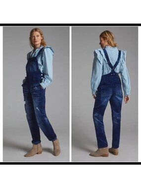 Anthropologie Pilcro The Wanderer Blue Velvet Overalls Distressed Sz 25
